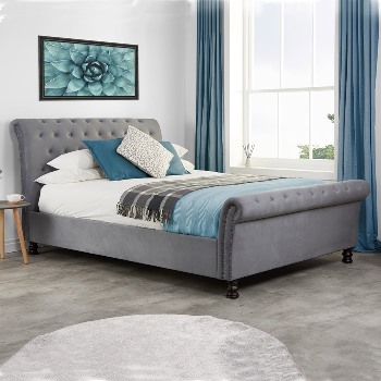 Birlea Opulence Grey Velvet Fabric Scroll Sleigh Bed